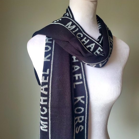 NWT MICHAEL KORS Women's Knit Long Scarf Logo Name Black & Metallic Silver Gift - Picture 5 of 8